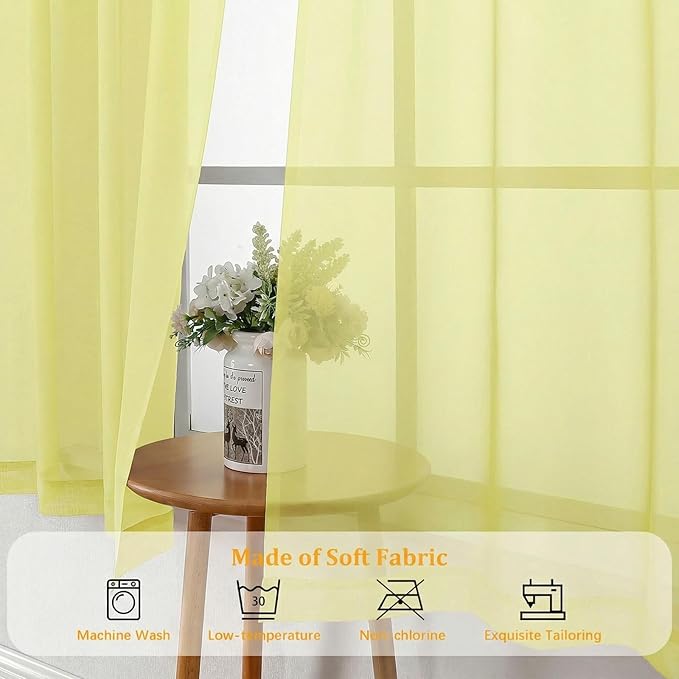 Gwine Short Kitchen Sheer Curtains 30 Inch Length - Light Filtering Voile Small Half Window Curtain for Basement, Rod Pocket Cafe Curtains for Bathroom Cabinet, 42Wx30L Inch, 2 Panels, Lemon