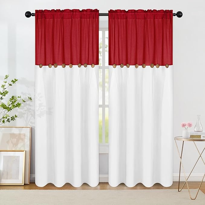 FRAMICS Farmhouse Cotton Linen Curtains for Living Room, Rustic Button Curtains 84 Inch Length 2 Panels, Boho Country Linen Window Curtain for Bedroom Rod Pocket Drapes, 52 x 84 Inch, Red and White