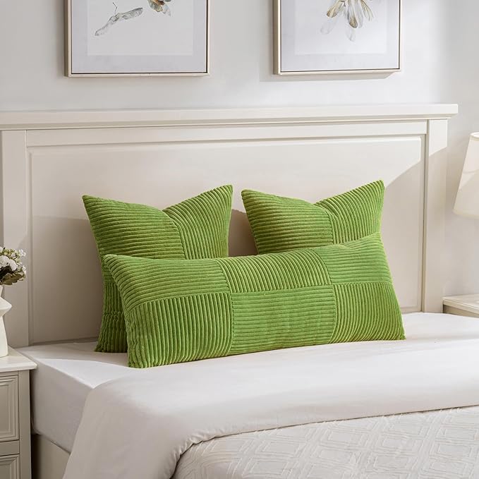 Fancy Homi Set of 2 Lime Green Decorative Throw Pillow Covers 20x20 Inch for Living Room Couch Bed Sofa, Farmhouse Boho Home Decor, Soft Cross Corduroy Patchwork Accent Square Cushion Case 50x50 cm