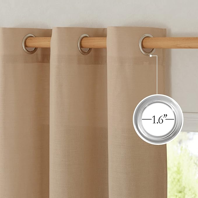 NICETOWN Thick Linen Blend Curtains Flax Textured for Bedroom, Rustic Grommet Semi Sheer Privacy Added Window Curtains & Drapes Light Filtering for Nursery, Camel, W42 x L63, Set of 2