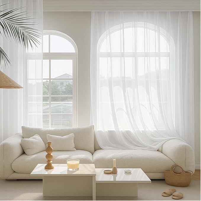 Extra Long Sheer White Curtains for Bedroom Living Room 120 Inches Long 2 Panels Set, Solid Soft Light Filtering Rod Pocket Sheer Window Curtains, White, Each 59" Wx120 L Inch