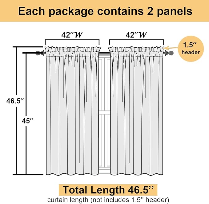 Lecloud Sheer White Curtains 45 Inch Length 2 Panels, Airy Voile Short Curtains for Small Windows, Light-Filtering Curtain for Bedroom Bathroom Kitchen, Each Panel 42 X 45 Inch