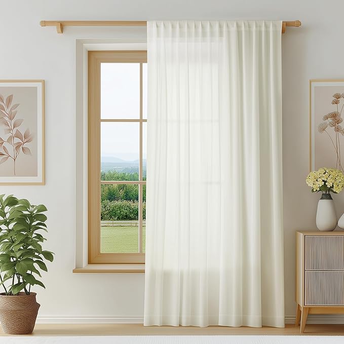 FMFUNCTEX Sheer Non-See-Through Netural Beige Curtains for Bedroom, Sliding Door Curtains 84 Inches Long Window Curtain Drapes for Living Room, Patio Glass Door Extra Wide Curtain, Rod Pocket 1 Panel
