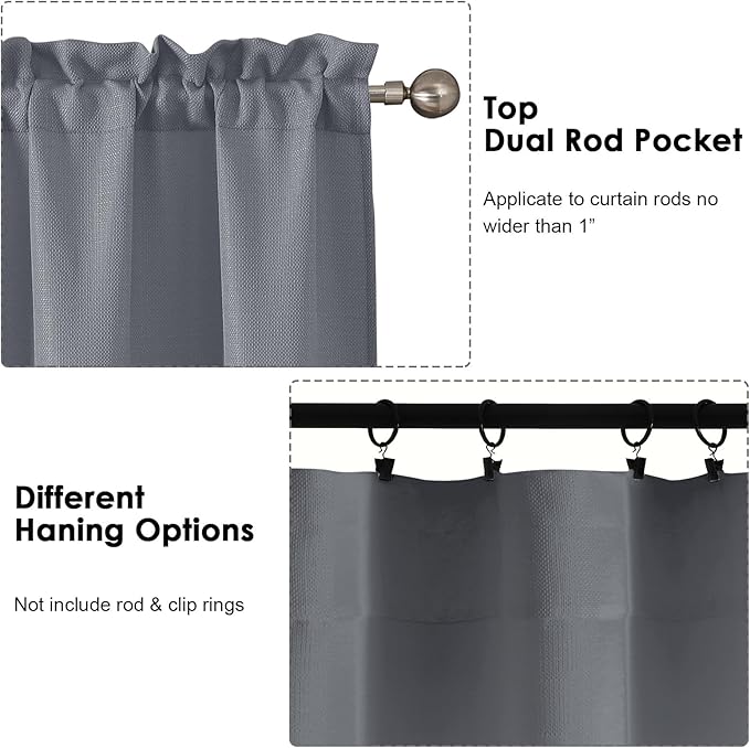 OWENIE Bob Valance Curtains 18 Inch Length 1 Piece, Faux Linen Slub Solid Dark Grey Kitchen Valance for Bedroom Living Room, Farmhouse Soft Airy Rod Pocket Small Window Curtain, Each 60Wx18L Inch