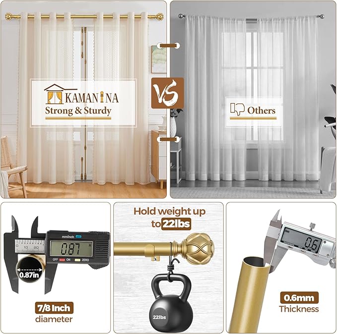KAMANINA Curtain Rods for Windows 48 to 84 Inch, Gold Heavy Duty Curtain Rod Adjustable, 7/8 Inch Single Decorative Drapery Rod 32 to 86 Inch(2.6-7.1Ft), Netted Texture End