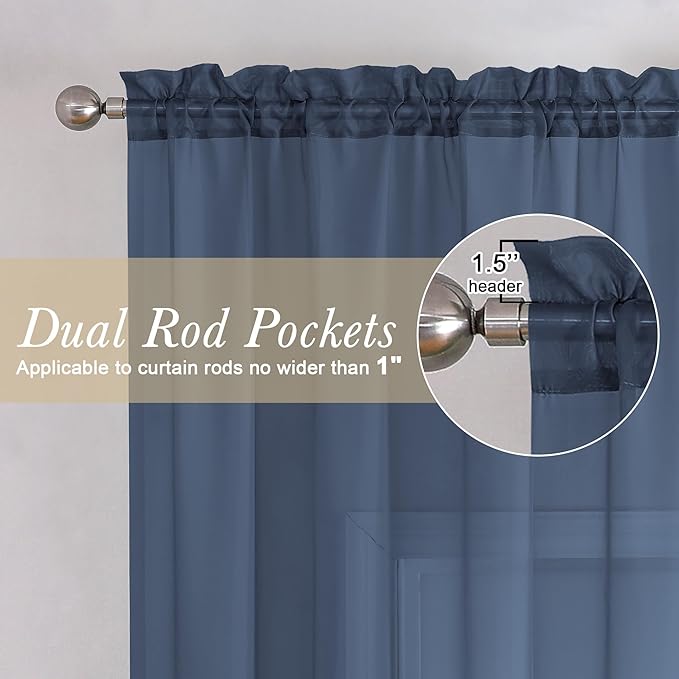 Lecloud Short Sheer Curtains 54 Inches Length 2 Panels, Light Filtering Voile Curtain Drapes for Half Window Kitchen Bedroom, Basic Rod Pocket Living Room Sheer Curtains, 40Wx54L Inches, Navy Blue