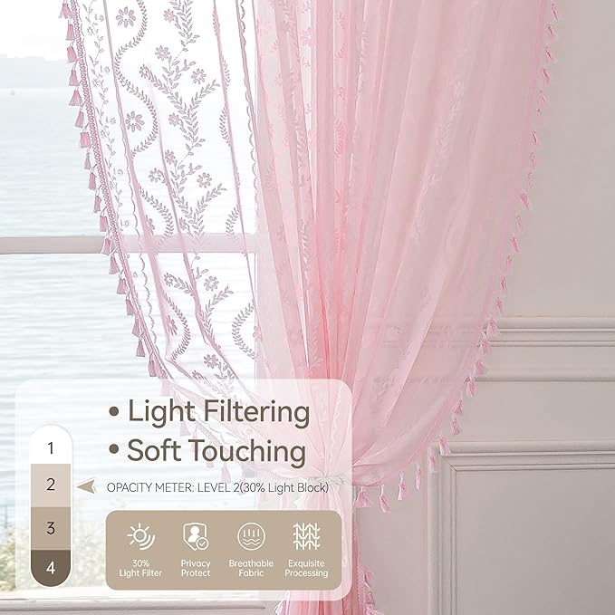 WAZZIO Boho Lace Curtains 84 Inch 2 Panels -Sheer Panel Drape Floral Pattern & Tassel Light Filtering Privacy for Bedroom Dining Living Room,Princess Pink Girl Bedroom Decor,Pale Pink,W52 x 84L