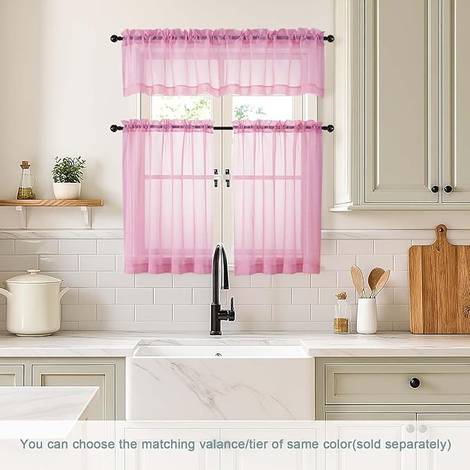 Light Pink Valances for Windows 14 inch Length 2 Panels, Small Voile Sheer Curtains for Bathroom, Soft Fabric Lightweight Light Filtering Kitchen Curtains, Dual Rod Pocket, 2x42Wx14L Inches