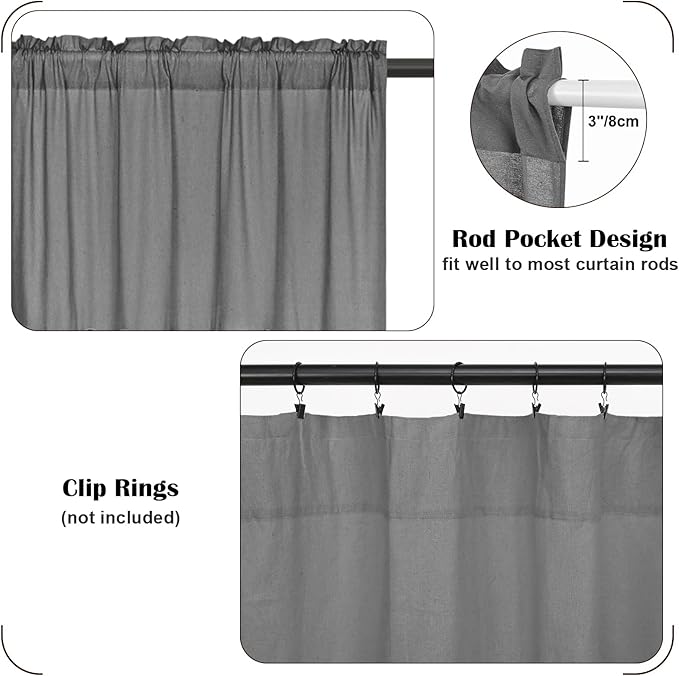 FRAMICS Farmhouse Swag Curtain, Boho Cotton Linen Valance Curtain, Grey Rustic Button Window Valance for Kitchen Bathroom Bedroom, Country Rod Pocket Valances for Windows, Grey, 52 x 36 Inch