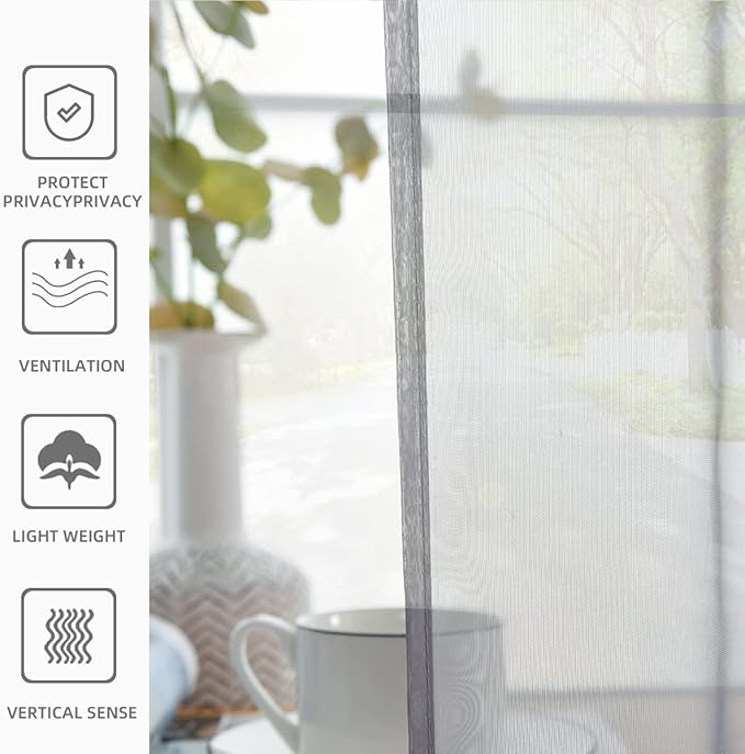 youleyar Solid Sheer Rod Pocket Curtain Voile Draperies 2 Panels White Beige Black Grey Coffee 52 Inch Width 84 Inch Long 1 Pair for Kitchen Bedroom Children Living Room Yard(Grey,52Wｘ84L)