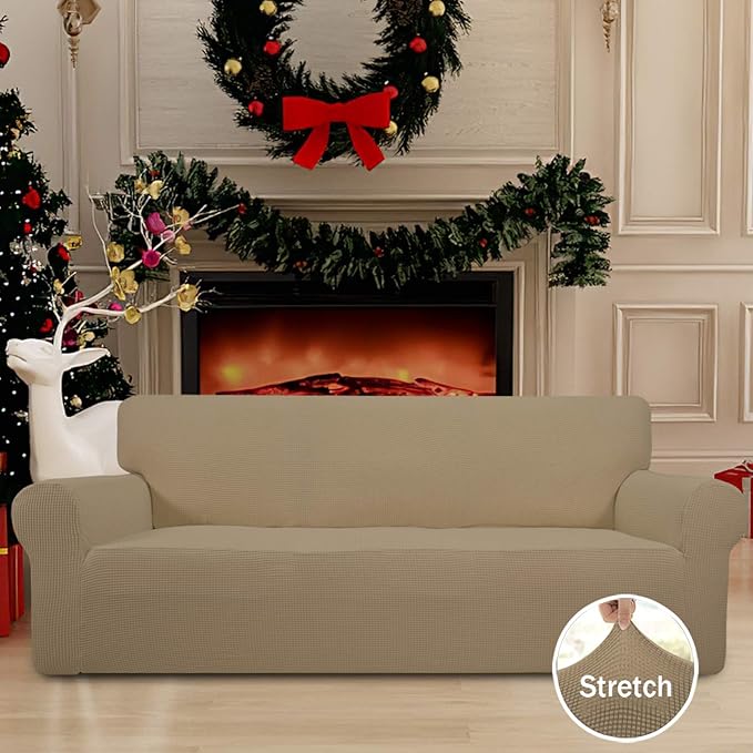 Easy-Going Stretch Sofa Slipcover 1-Piece Sofa Cover Furniture Protector Couch Soft with Elastic Bottom for Kids, Polyester Spandex Jacquard Fabric Small Checks (Sofa, Tan)