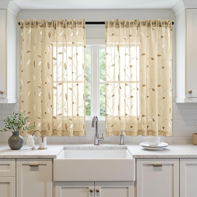 MIULEE Beige Sheer Curtains 2 Panels Embroidered Leaf Patterned Rod Pocket Floral Semi Sheer Faux Linen Short Window Curtains Drapes Set for Kitchen Living Room Bedroom, 52x45 Inches Length