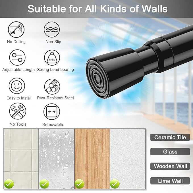 AIZESI Spring Tension Rods Adjustable Tension Curtain Rod Small Tension Rod No Drilling Expandable Spring Loaded Curtain Tension Rod（Black,26" to 39"-6Pcs)