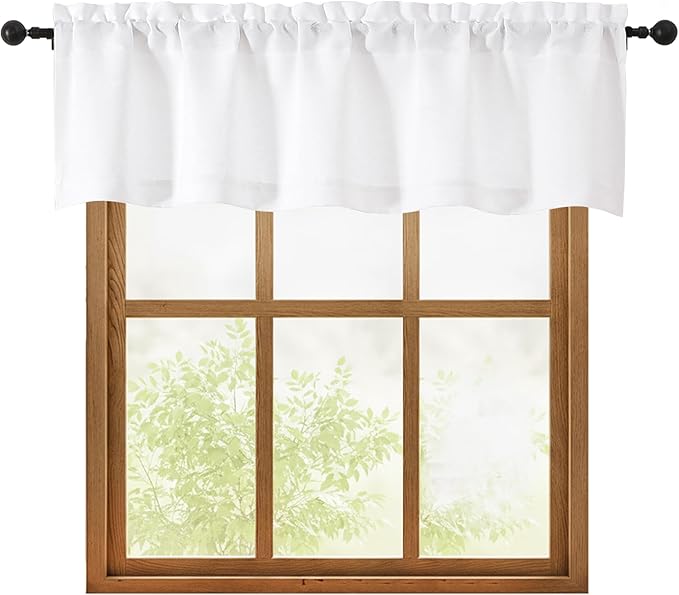 OWENIE White Valances for Windows 1 Pcs, Light Filtering Textured Farmhouse Short Small Valance Curtains for Bathroom Basement Living Room Bedroom, Rod Pocket Half Curtains Over Sink, 52Wx14L Inch