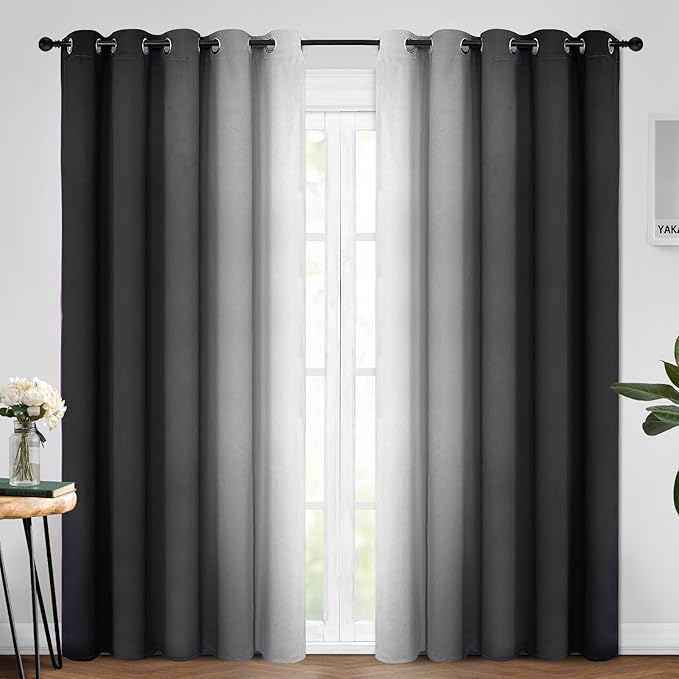Yakamok Room Darkening Ombre Curtains 96 Inch Length, Black and Greyish White Thermal Insulated Gradient Color Curtains,Light Blocking Grommet Window Drapes for Bedroom,62 Inch Width,2 Panels