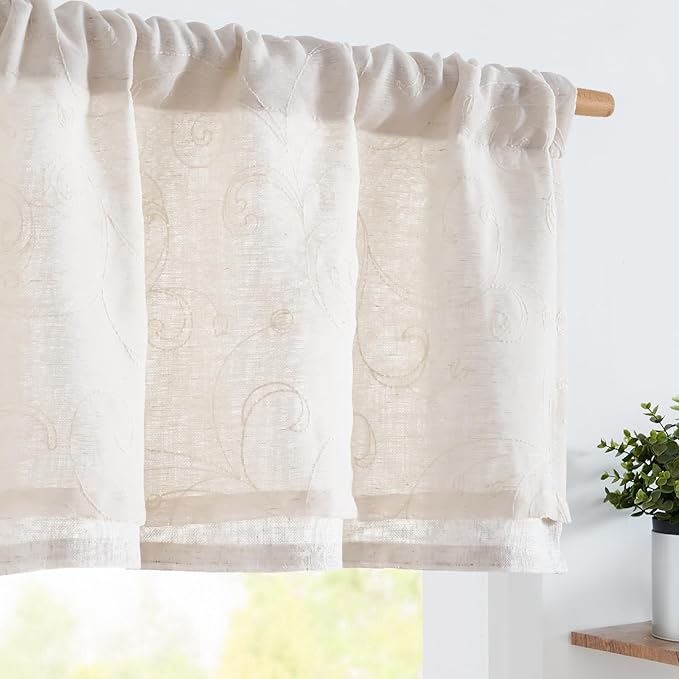 jinchan Linen Valance for Window Embroidered Farmhouse Light Filtering Voile Valance for Living Room Kitchen Beige Cottage Rustic Double Layer Curtain 16 Inch 1 Panel Crude