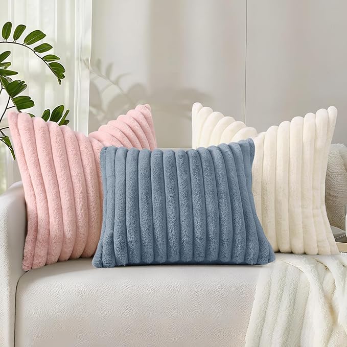 decorUhome Cozy Faux Fur Throw Pillow Covers 24x24 Set of 2 Decorative Soft Plush Striped Modern Farmhouse Boho Couch Euro Sham Pillow Cases with Velvet Back for Sofa Bed Living Room, Grey Blue