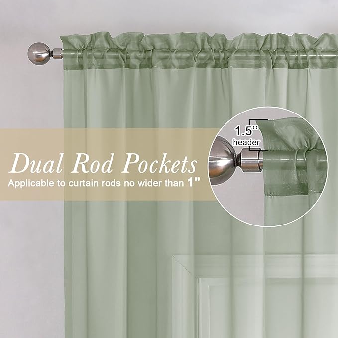 Lecloud Sage Green Sheer Curtains 120 Inches Long 2 Panels, Extra Wide Farmhouse Airy Voile Window Curtains, Solid Sheer Curtain Drapes for Living Room Balcony Big Windows, 59" W x 120" L