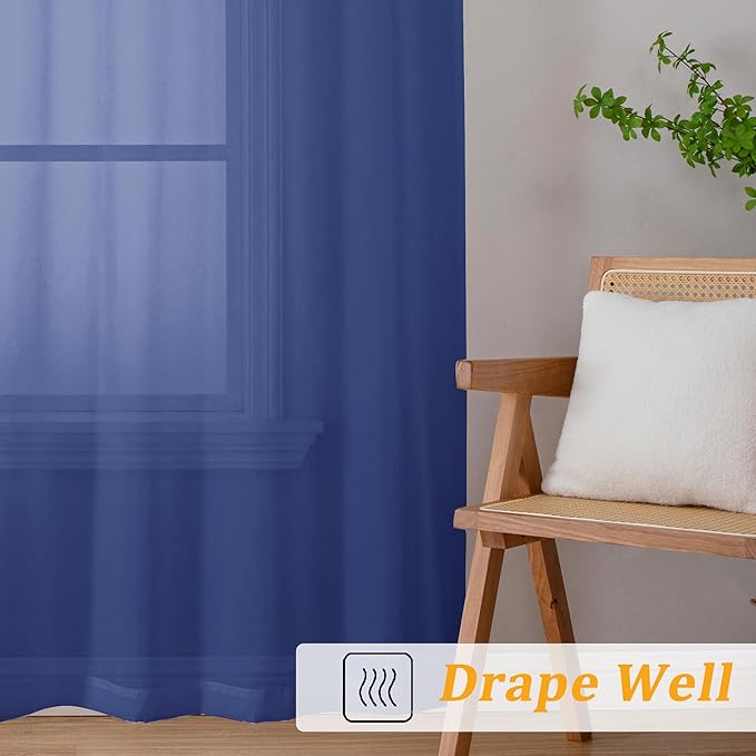 Gwine Royal Blue Sheer Curtains 30 Inch Length, Short Light Filtering Voile Small Cafe Kitchen Curtains with Rod Pocket, Short Curtain for Bathroom Window, 42x30 Inch, 2PCS