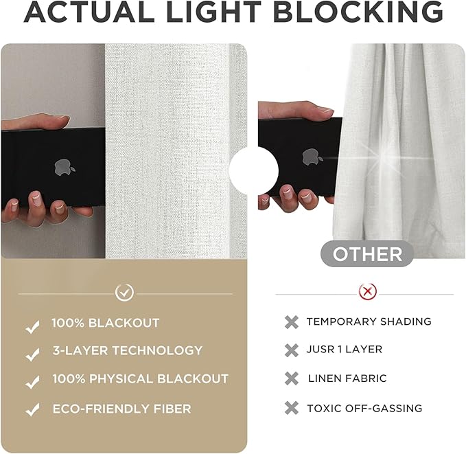 Joydeco Linen Blackout Curtains for Bedroom - 100% Light Blocking 1 Panels, White Drapes 70" W x 108" L, Thermal Insulated Room Darkening Curtains for Living Room, Rod Pocket & Back Tabs