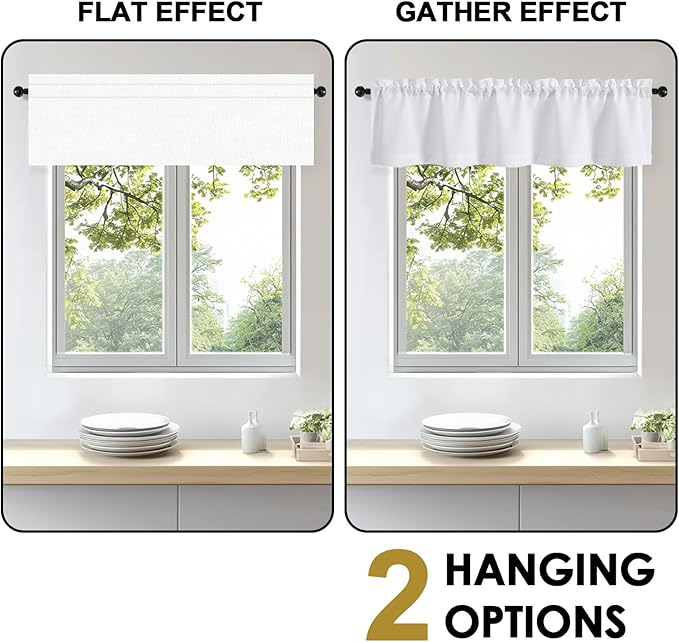 OWENIE Bob 1 PCS White Valances for Windows, Faux Linen Textured Kitchen Window Curtains Valance for Bedroom Living Room, Modern Soft Airy Solid Rod Pocket Bathroom Cafe Curtain, 60Wx24L Inch