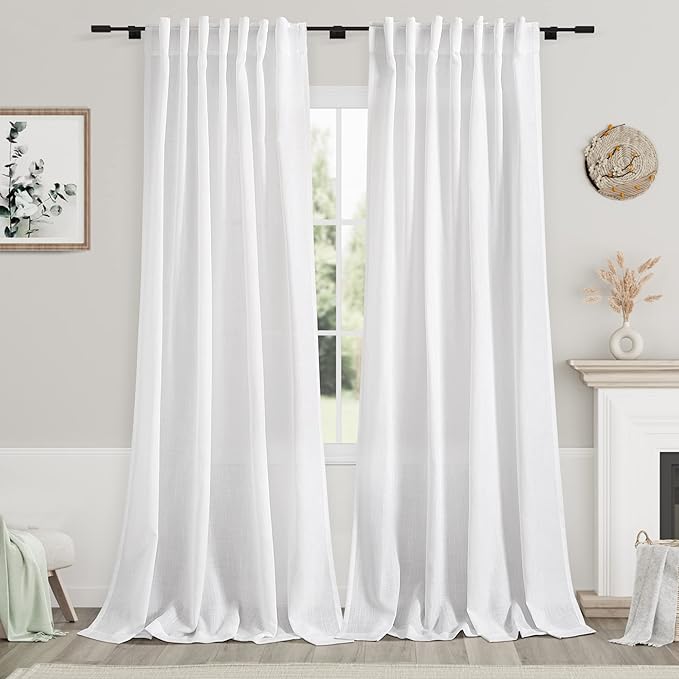 Nanspring White Extra Long Curtains 2 Panels Set 116 Inches Long for Dinning Room Back Tab Rod Pocket Light Filtering Semi Sheer Drapes Linen Textured Window Curtain for Bedroom 52x116