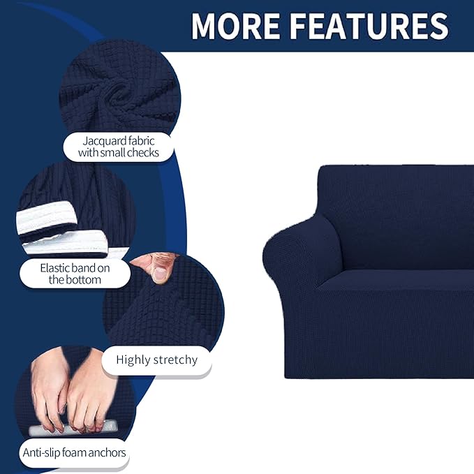 Cupuamon 2026 New Stretch Loveseat Sofa Slipcovers Couch Cover for 2 Cushion Furniture Protector Sofa Covers with Elastic Bottom Jacquard Fabric Small Checks for Pets, Kids - Navy