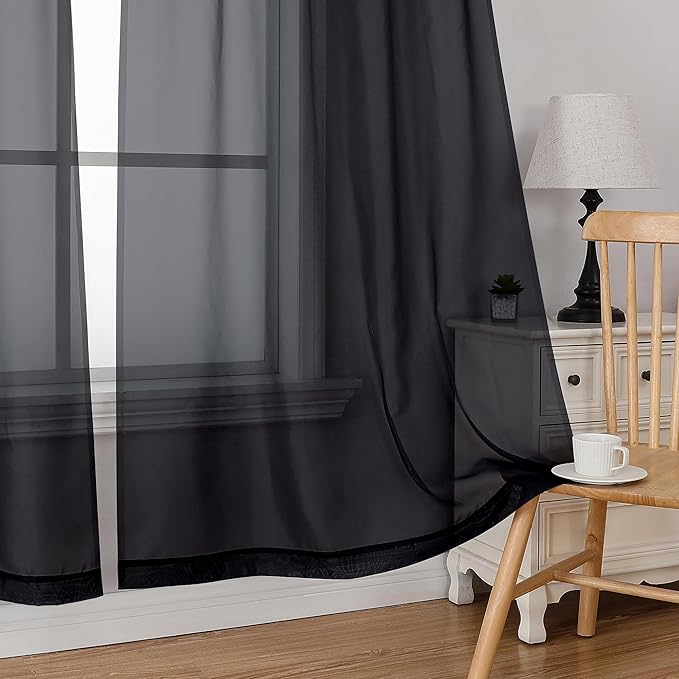Simplebrand Black Valances 14 Inches Long for Living Room Pocket 2 Panel Light Filtering Sheer Translucent Valence Toppers for Window Kitchen Bathroom Bedroom 42x14 Inch Length