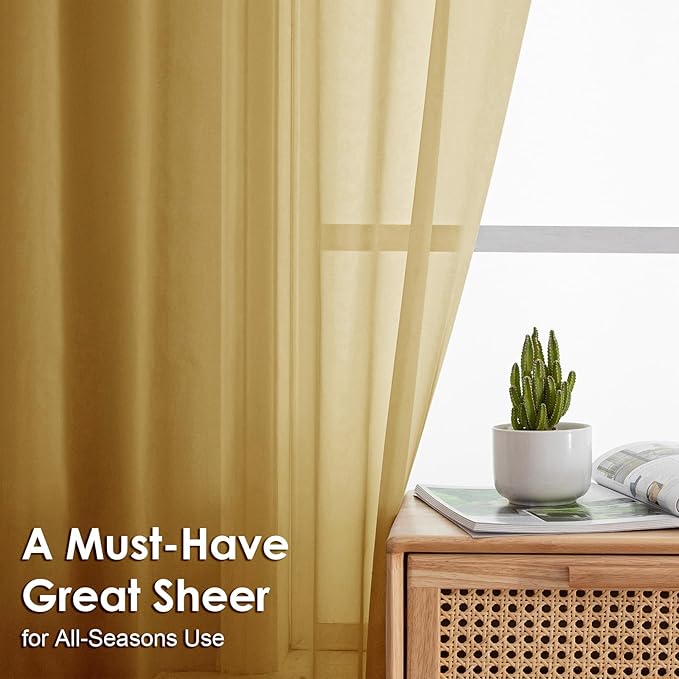 OVZME Gold Sheer Curtains 90 Inches Long 2 Panels - Soft Light Filtering Window Sheer Panels for Living Room/Bedroom, Top Dual Rod Pocket, 1 Pair, Each 42Wx90L Inches