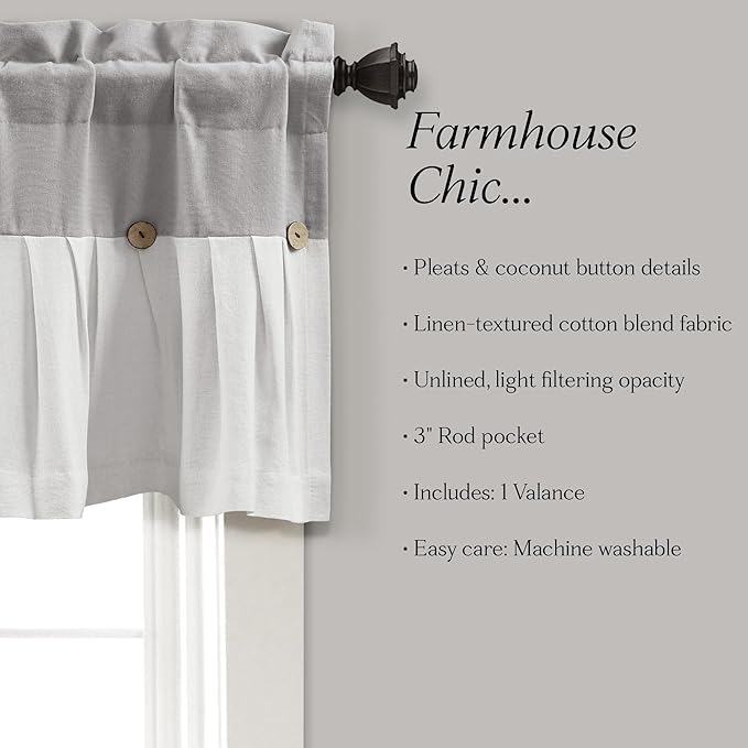 Lush Decor Linen Button Farmhouse Valance Curtians 52"W x 18"L Gray & Off White - Linen Valances For Windows - Kitchen Curtains Valances