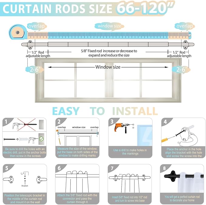 TVWOO Black Wrap Around Curtain Rods:5/8" Small Blackout Adjustable Window Curtain Rod for Bedroom Kitchen Apartment Renter Friendly,Room Darkening Curved Drapery Rods Easy Install,Matte Black 66-120"