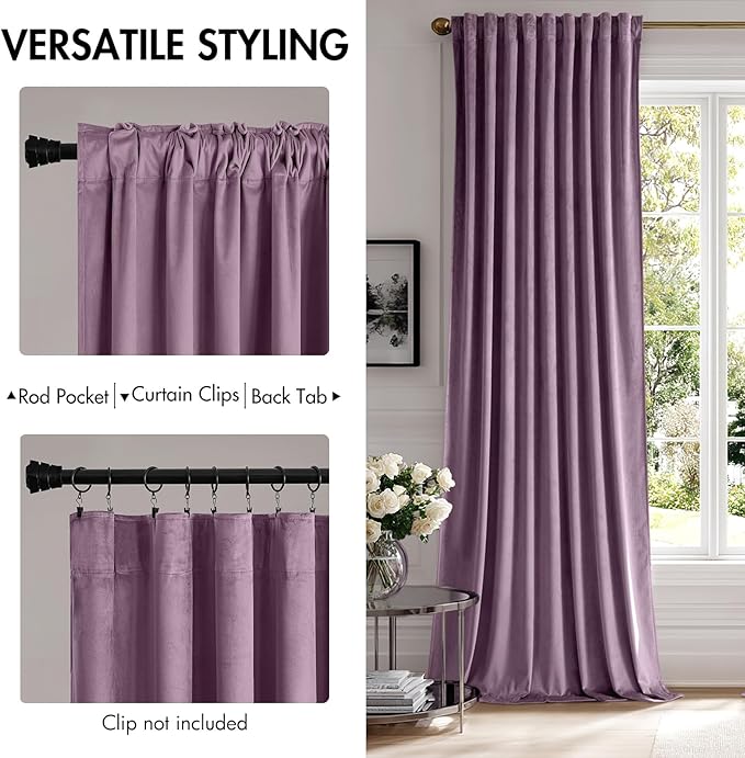 MIULEE Lavender Velvet Curtains 90 inches - Luxury Blackout Curtains for Bedroom Living Room Thermal Insulated Super Soft Window Drapes Rod Pocket & Back Tab, W52 x L90 inches,Purple,2 Panels
