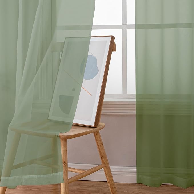 Aiyufeng 108 Inch Sage Green Sheer Window Curtains for Farmhouse, Rod Pocket Voile Window Treatment Vertical Panels for Study Room/Bedroom/Living Room, Sage Green, W59 x L108, 2 Panels