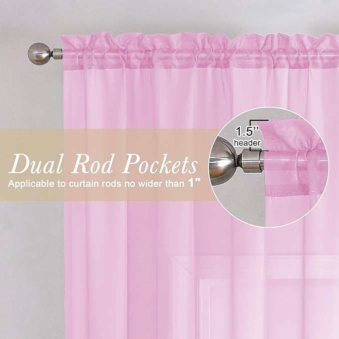 Lecloud Light Pink Sheer Curtains 90 Inches Long 2 Panels, Farmhouse Voile Living Room Drapes with Dual Rod Pocket, Elegant Airy Semi Sheer Curtains for Bedroom, Each Panel 42 X 90 Inch