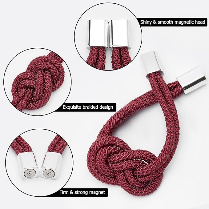 NICEEC 2 Pack Mini Magnetic Curtain Tiebacks Nordic Simple Style Drape Tie Backs Elegant Hand Weave Rope Knot Decorative Curtain Holdbacks for Home & Office Thin Window Drapery (Wine Red)