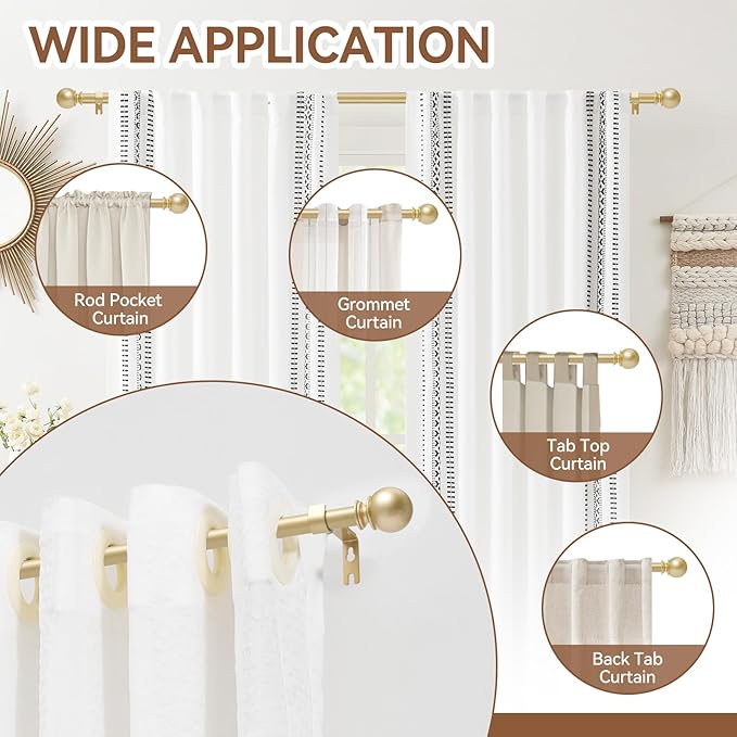 Gold Curtain Rod for Windows 30 to 60 Inch, 5/8 Inch Diameter Adjustable Curtain Rods With Brackets, Heavy Duty Easy to Install Curtain Rods for Bedroom, Outdoor Curtain Rod for Patio