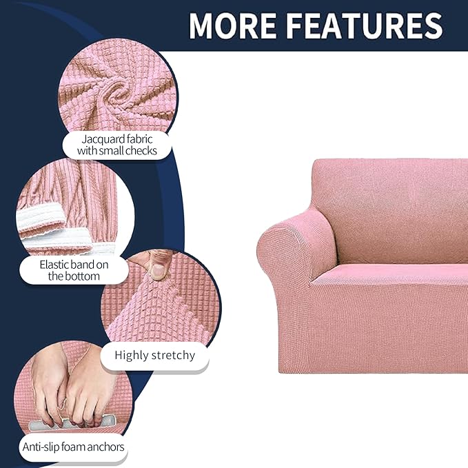 Cupuamon 2026 New Stretch Oversized Sofa Slipcovers Couch Sofa Cover for 4 Seater Furniture Protector Covers with Elastic Bottom Jacquard Fabric Small Checks for Pets, Kids - Dusty Pink