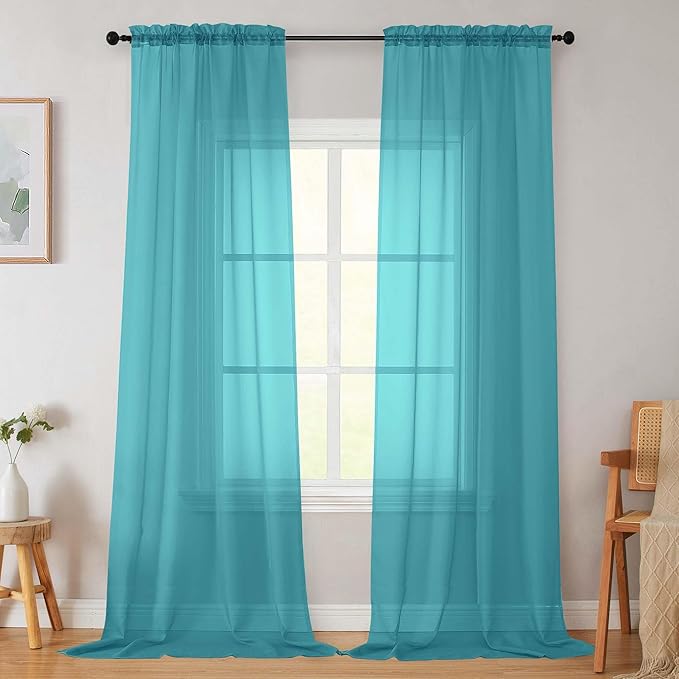 Turquoise Sheer Curtains for Bedroom Living Room 96 Inches Long 2 Panels, Modern Airy Soft Lightweight Rod Pocket Light Filtering Sheer Curtains Drapes, Turquoise, Each 42" Wx96 L Inch