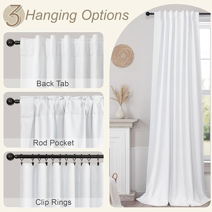 Short Small Window Room Darkening Curtains 58 Inches Long for Bedroom Basement Linen Cotton Textured Sunblock Heat Blocking Soundproof White Blackout Curtain Back Tab Pleated Drape 58 Length 2 Panels