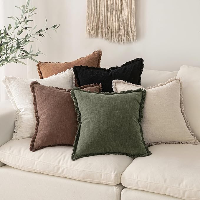 MIULEE Decorative Throw Pillow Covers Neutral Linen Fringe Throw Pillows Set of 2 Black Boho Farmhouse Cushion Covers with Tassels for Couch Sofa Bed Living Room Spring Home Decor 18x18 Inch
