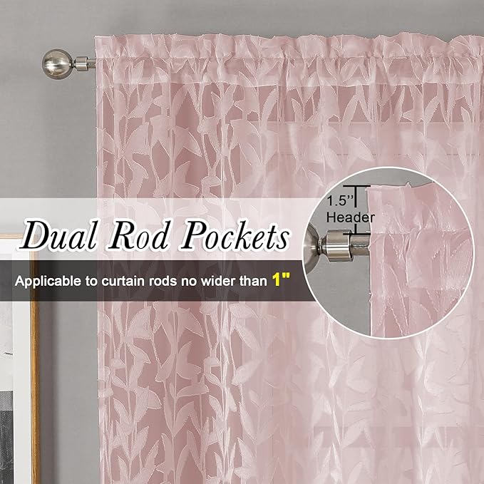 Lecloud Leia Blush Pink Sheer Curtains 90 Inches Long 2 Panels Set, Breathable Jacquard Leaves Textured Voile Semi Sheer Curtains, Farmhouse Drapes Window Treatments with Dual Rod Pocket, 38 W x 90 L