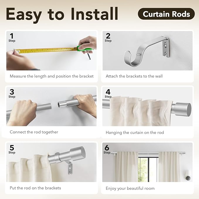 IFELS Heavy Duty Curtain Rods for Windows 72 to 144 Inch, 1 Inch Silver Curtain Rods for Outdoor, Farmhouse, Bedroom, Kitchen, Living Room, Adjustable Easy Install Drapery Rod (A2,Silver,30"-150")