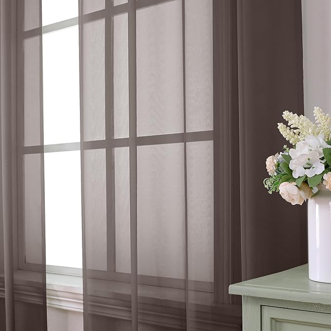 Aiyufeng Chocolate Sheer Curtains 45 Inches Long 2 Panels, Solid Voile Top Dual Rod Pockets Stylish Breathable Drapes Window Treatment for Kid's Room/Bedroom/Living Room, 42W x 45L, Chocolate Brown