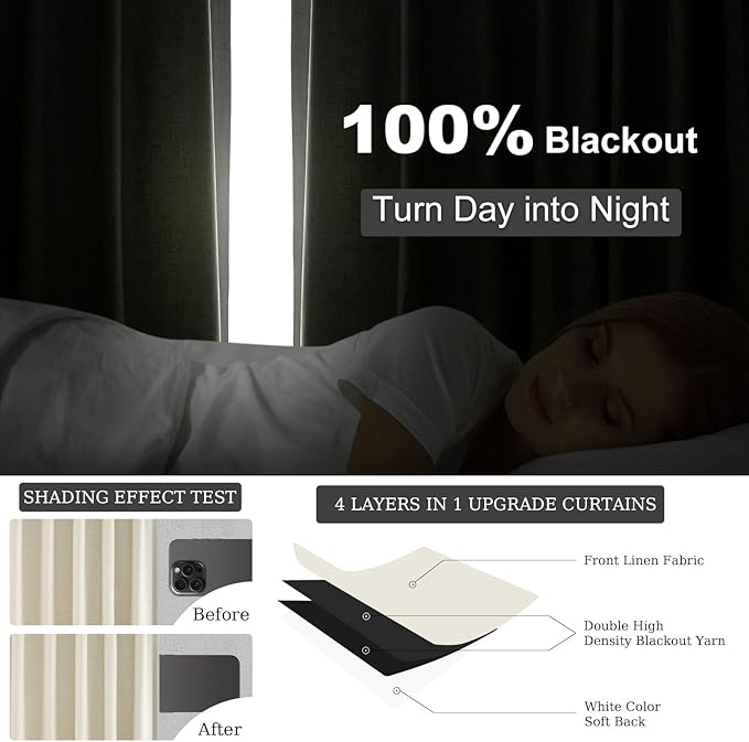 Topfinel 100 Inch Long Ivory White Black Out Custom Drapery Panels, Ceiling Neutral Country Opaque Window Coverings, Sun Blocking Back Tab Modern Heat Blocking Back Tab Curtains for Bay Window