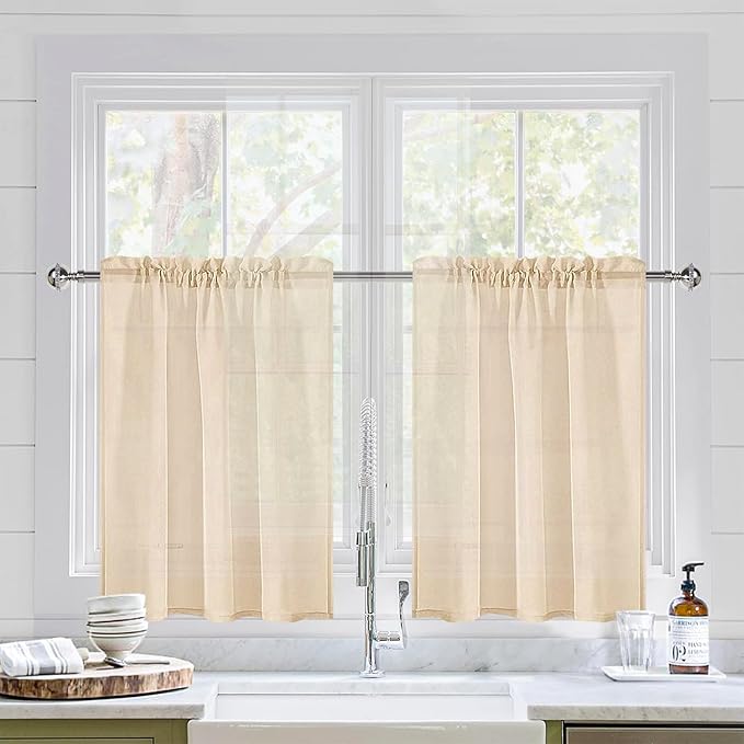 DWCN Beige Sheer Curtains for Kitchen Windows - Rod Pocket Semi Transparent Voile Tier Curtains for Bedroom, Living Room, Farmhouse, 36 x 36 inches Long, Set of 2 Panels