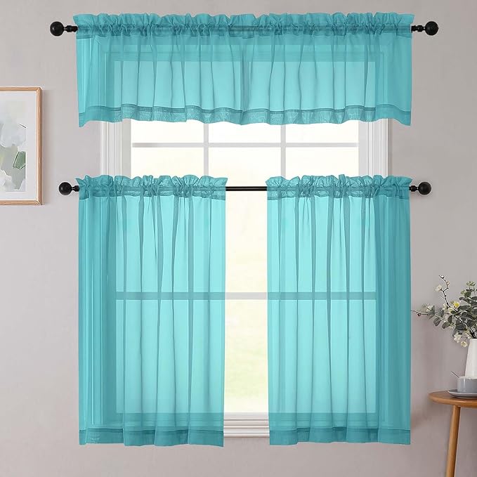 Cafe Curtains 36 Inch Length Tier 2 Pieces, Modern Soft Airy Sheer Kitchen Short Curtains for Small Window, Rod Pocket Small Curtain for Bathroom Basement, Turquoise, Each, 42" Wx36 L Inches