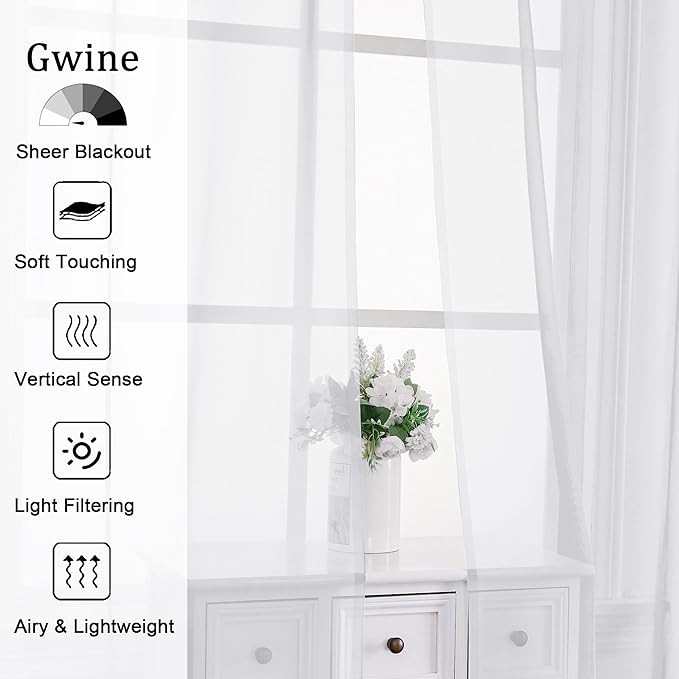 Gwine White Sheer Curtain Tiers 24 Inch Length, Light Filtering Voile Short Curtain for Living Room Bedroom, Rod Pocket Cafe Curtains for Small Windows 42x24 Inch, 2PCS