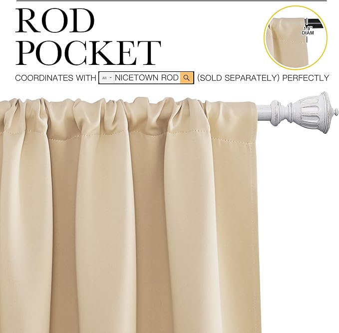 NICETOWN Blackout Room Darkening Curtains - Home Decoration Light & Noise Reducing Thermal Insulated Window Draperies with Rod Pocket Top (Biscotti Beige, Set of 2, 42 inches Wide x 45 inches Long)