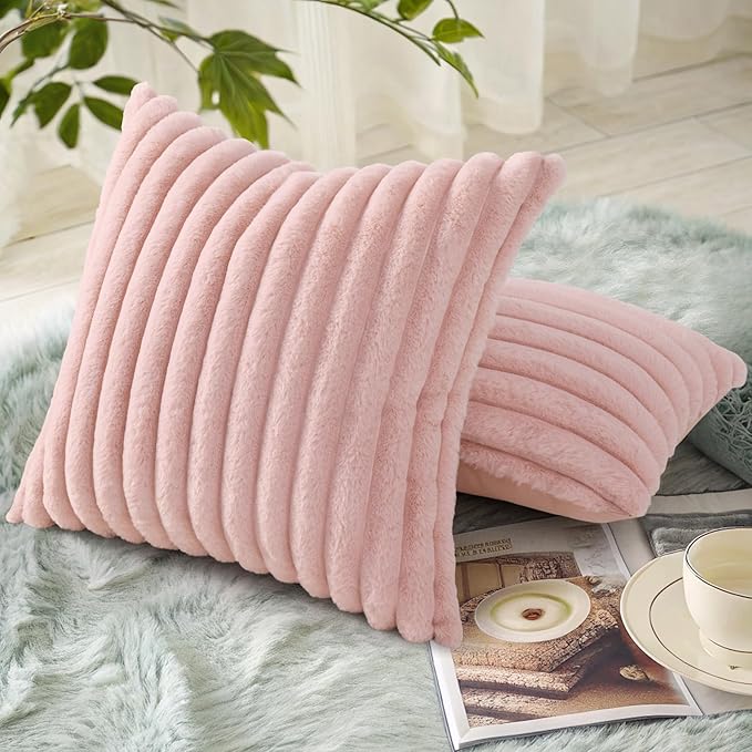 decorUhome Summer Cozy Faux Fur Throw Pillow Covers 16x16 Set of 2 Decorative Soft Plush Striped Modern Farmhouse Boho Couch Pillow Cases with Velvet Back for Sofa Bed Living Room, Pink