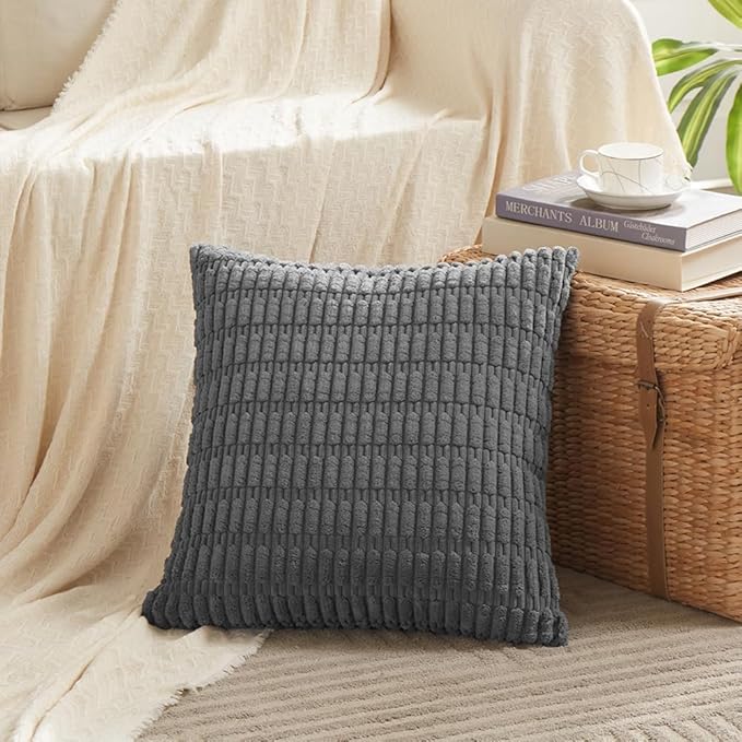Fancy Homi 4 Packs Dark Grey Decorative Throw Pillow Covers 22x22 Inch for Couch Bed, Rustic Modern Farmhouse Boho Home Decor, Soft Plush Corduroy Gray Cute Square Accent Cushion Case 55x55 cm